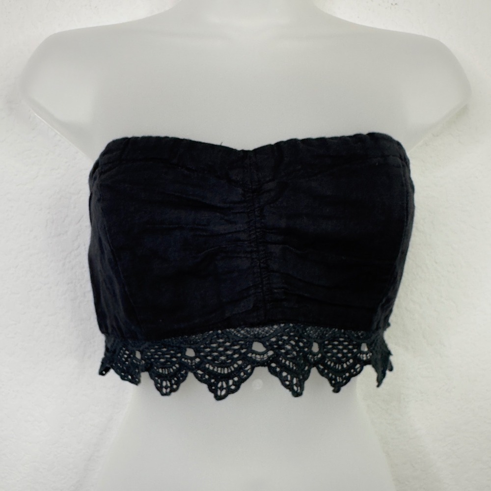 Free People Intimately Tube Top Womens XS Black Linen Lace Trim Bandeau Boho Y2K